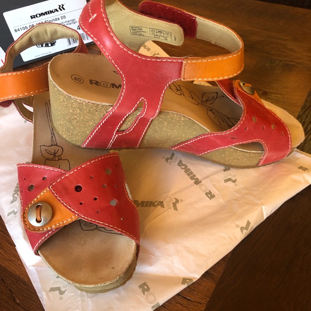 Romika Women’s Red Orange Florida 05 Leather Wedge Heel Slingback Sandal Size 9